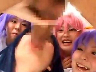Adorable Asian cosplayers team up with a lucky guy for a wild, high-scoring session, leaving them all satisfied.